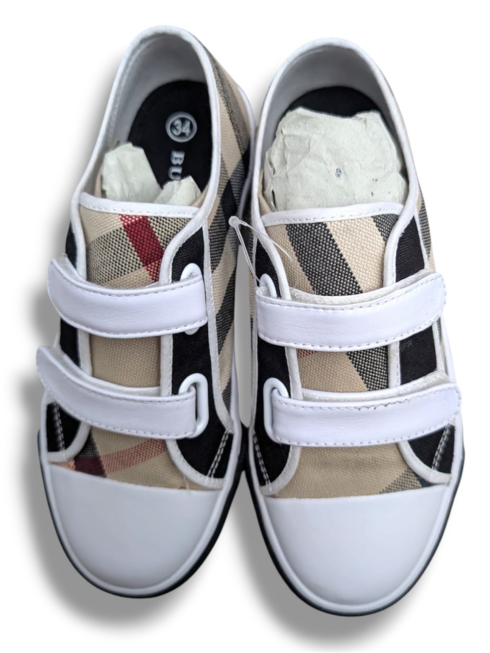 Burberry Kids Plaid Velcro Sneakers in Beige, Black & Red Accent. Brand New.